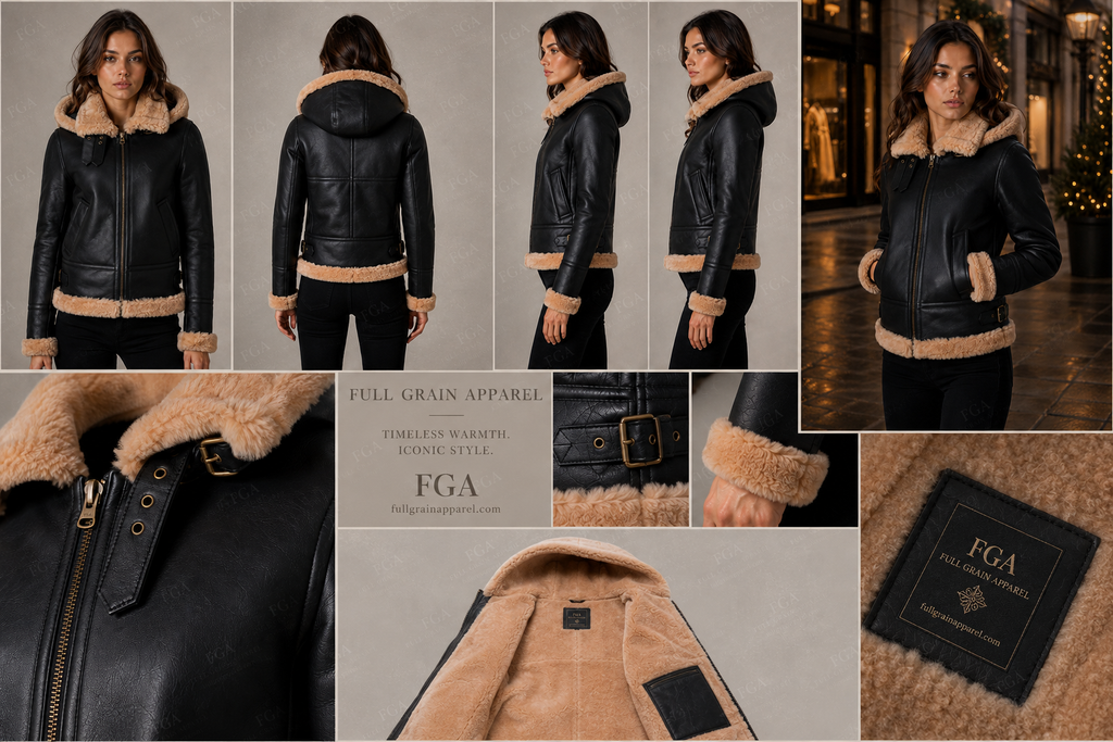 Women's Black Hooded Shearling Leather Jacket | Winter Aviator | Full Grain Apparel