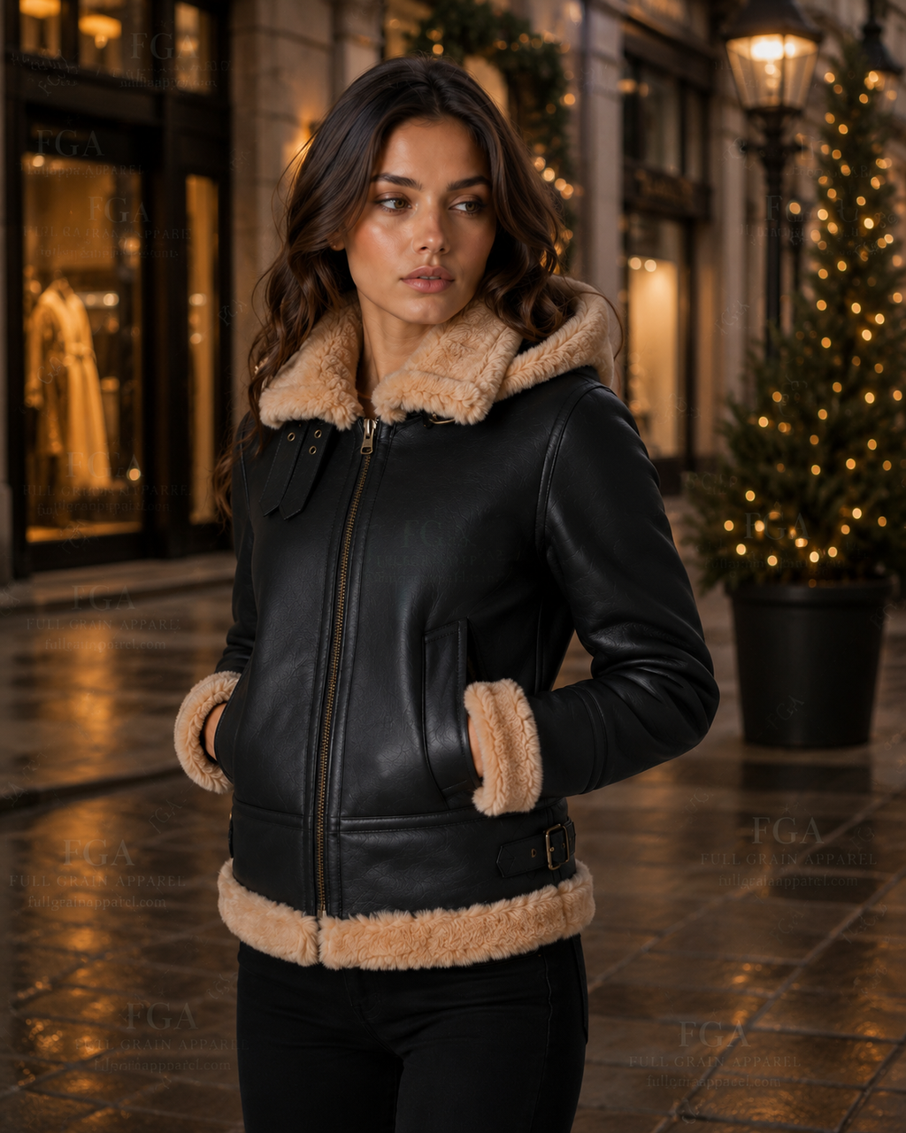 Women's Black Hooded Shearling Leather Jacket | Winter Aviator | Full Grain Apparel