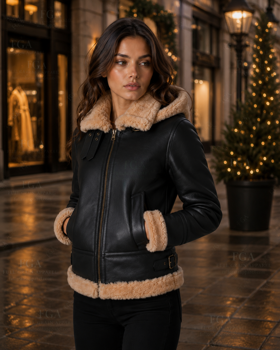 Women's Black Hooded Shearling Leather Jacket | Winter Aviator | Full Grain Apparel