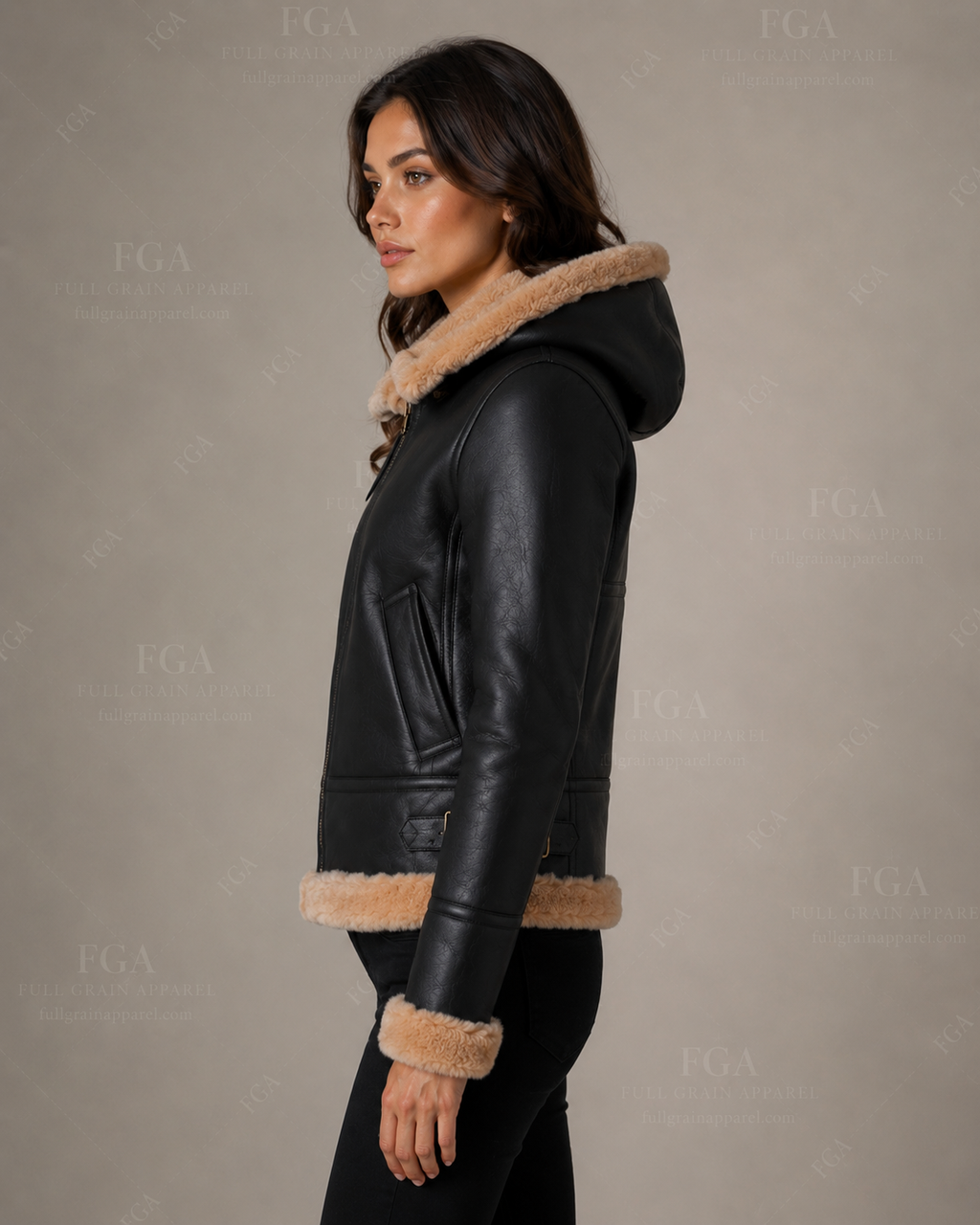 Women's Black Hooded Shearling Leather Jacket | Winter Aviator | Full Grain Apparel