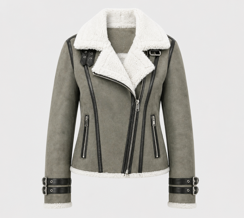 Women’s "Stone-Frost" Aviator | Premium Slate Grey Sheepskin | Authentic Charcoal Shearling-Lined Winter Jacket | Full Grain Apparel