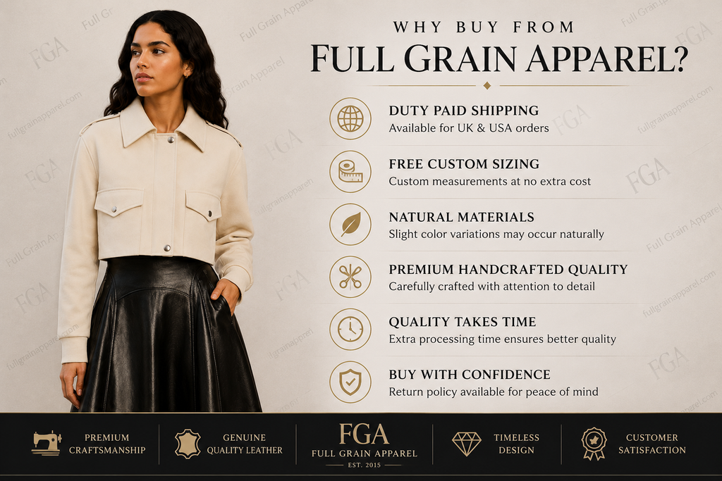 Women's Cropped Cream Leather Jacket | Modern Shirt Style | Full Grain Apparel