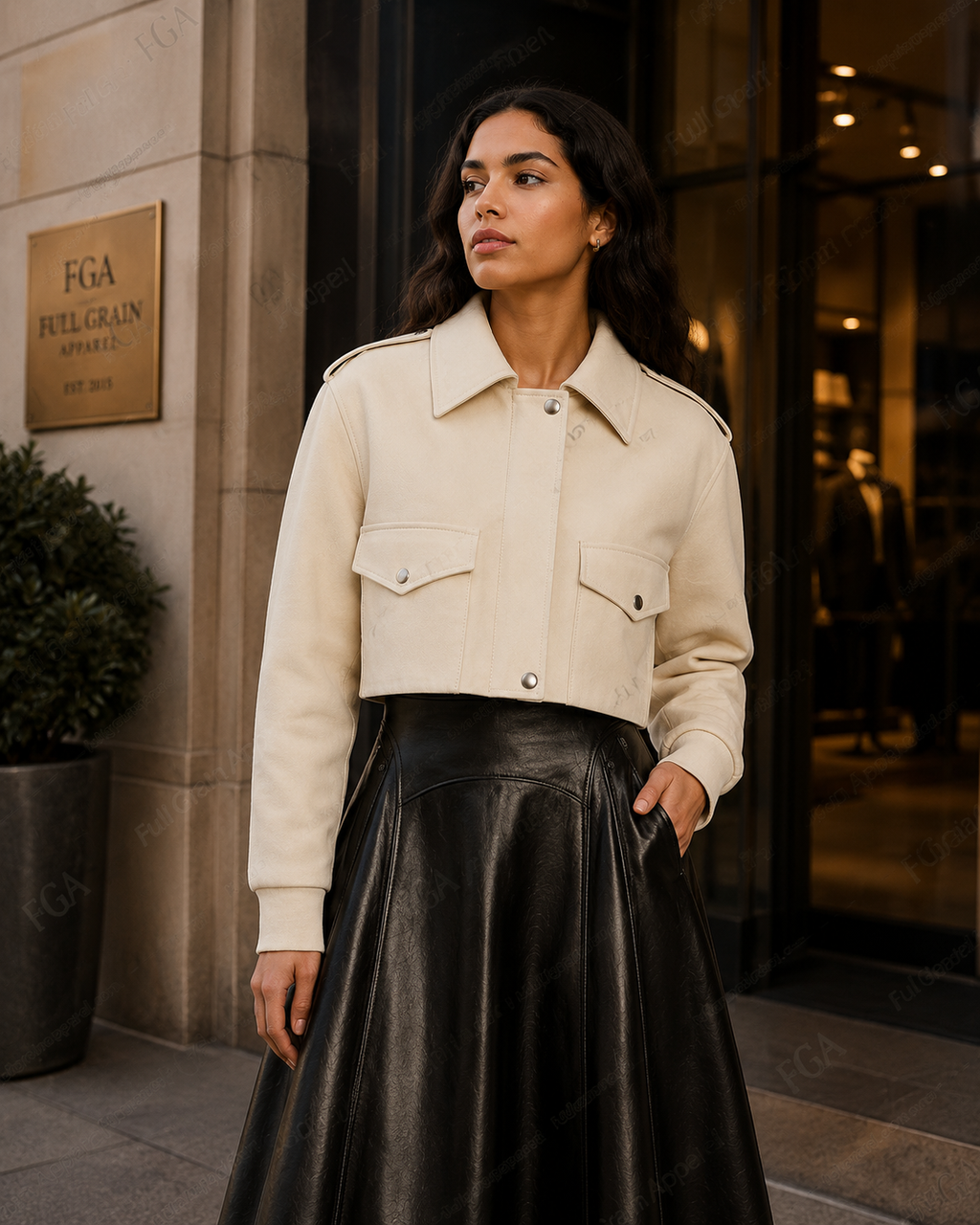 Women's Cropped Cream Leather Jacket | Modern Shirt Style | Full Grain Apparel