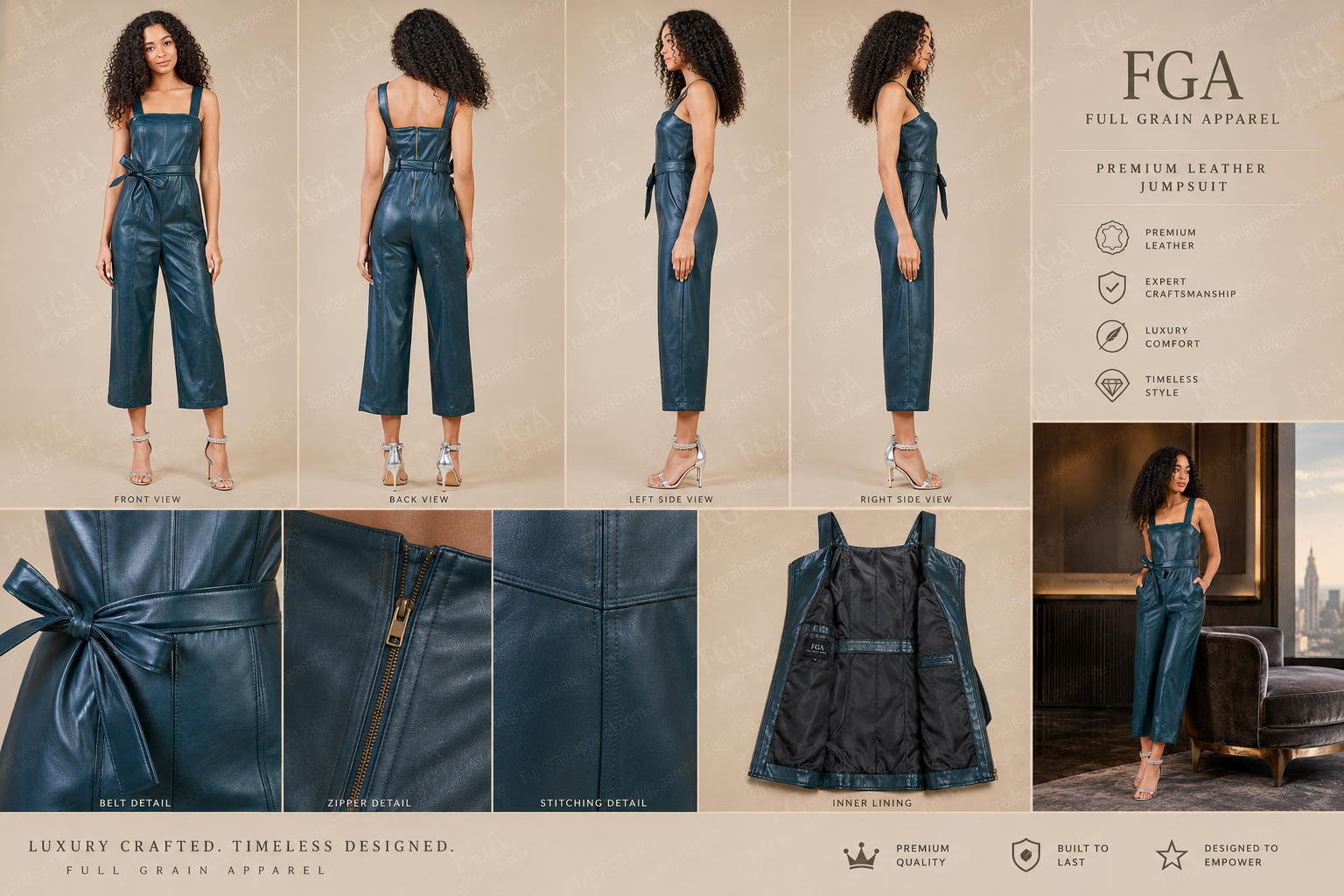 Women's Premium Blue Leather Jumpsuit - Designer One Piece | Full Grain Apparel
