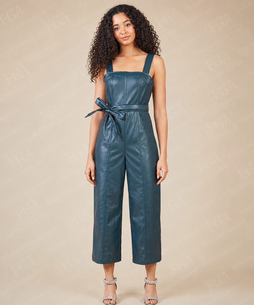 Women's Premium Blue Leather Jumpsuit - Designer One Piece | Full Grain Apparel