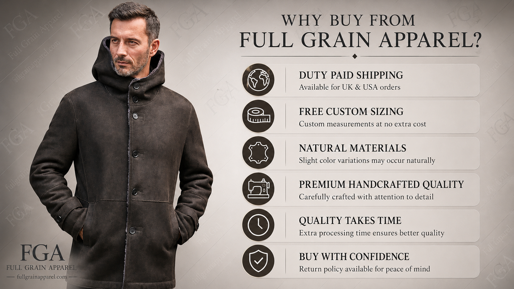 Men's Distressed Brown Shearling Leather Coat | Hooded Winter Jacket | Full Grain Apparel