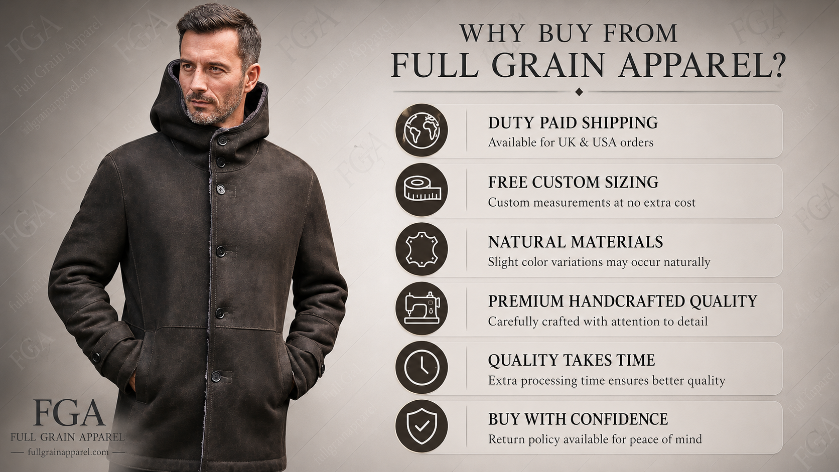 Men's Distressed Brown Shearling Leather Coat | Hooded Winter Jacket | Full Grain Apparel