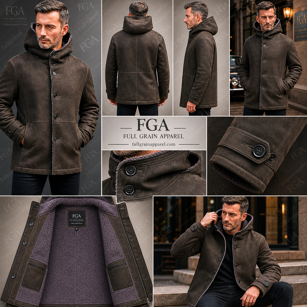 Men's Distressed Brown Shearling Leather Coat | Hooded Winter Jacket | Full Grain Apparel