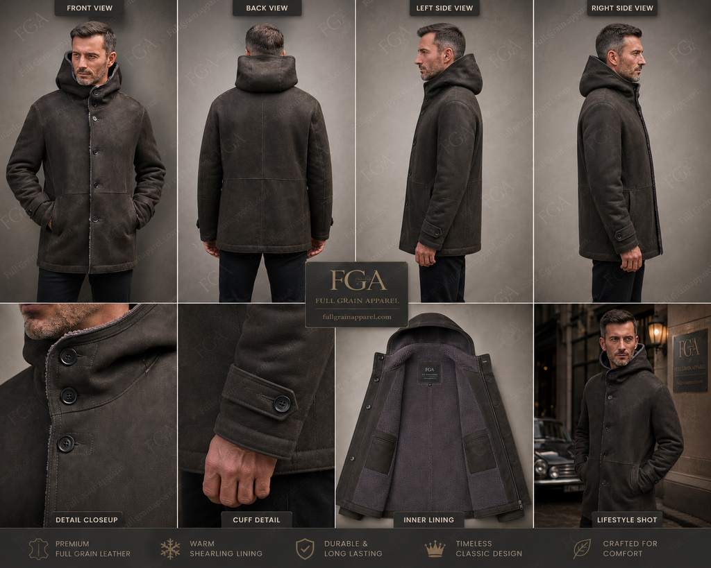 Men's Distressed Brown Shearling Leather Coat | Hooded Winter Jacket | Full Grain Apparel
