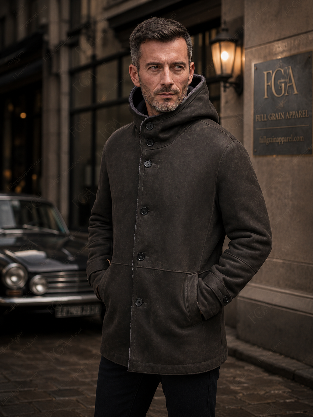 Men's Distressed Brown Shearling Leather Coat | Hooded Winter Jacket | Full Grain Apparel