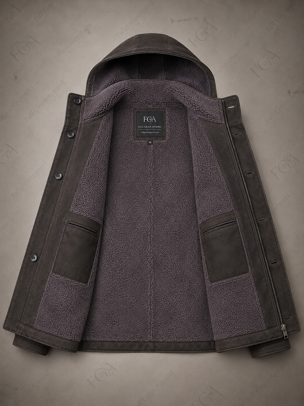 Men's Distressed Brown Shearling Leather Coat | Hooded Winter Jacket | Full Grain Apparel