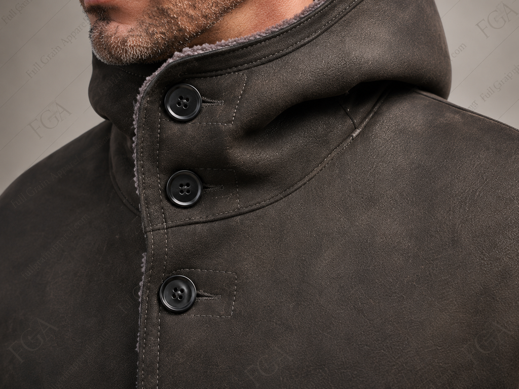 Men's Distressed Brown Shearling Leather Coat | Hooded Winter Jacket | Full Grain Apparel