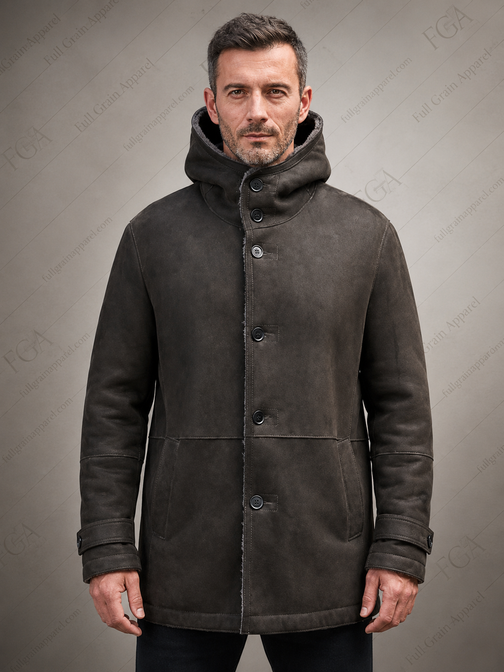 Men's Distressed Brown Shearling Leather Coat | Hooded Winter Jacket | Full Grain Apparel