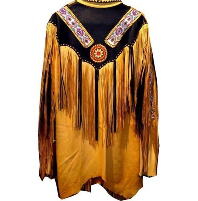 Men’s Western Tan Leather Fringe Jacket with Beads | Full Grain Apparel