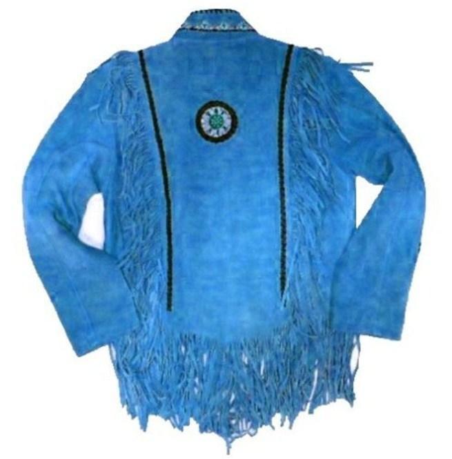 Men’s Blue Western Suede Fringe Jacket with Beads | Full Grain Apparel