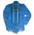 Men’s Blue Western Suede Fringe Jacket with Beads | Full Grain Apparel