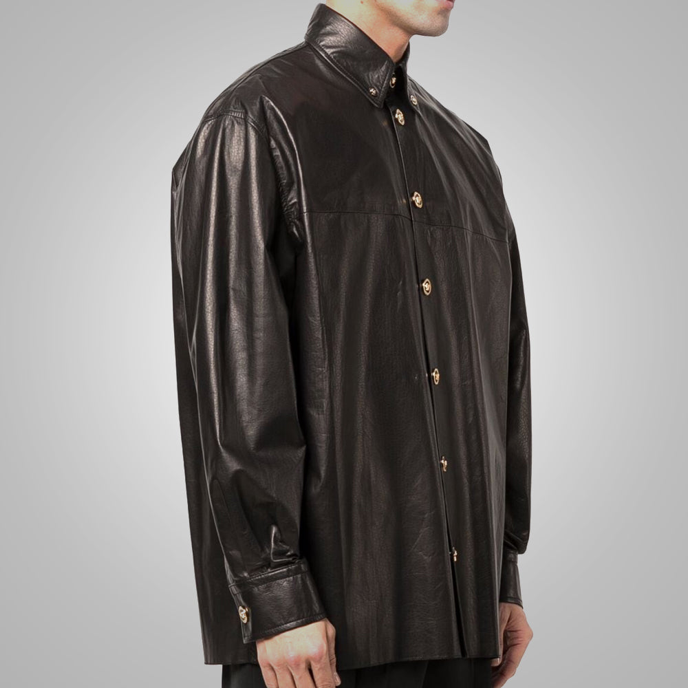 Men’s "Signature Bespoke" Leather Shirt | Custom-Tailored Black Sheepskin | Full-Sleeve Premium Nappa Over-Shirt | Full Grain Apparel