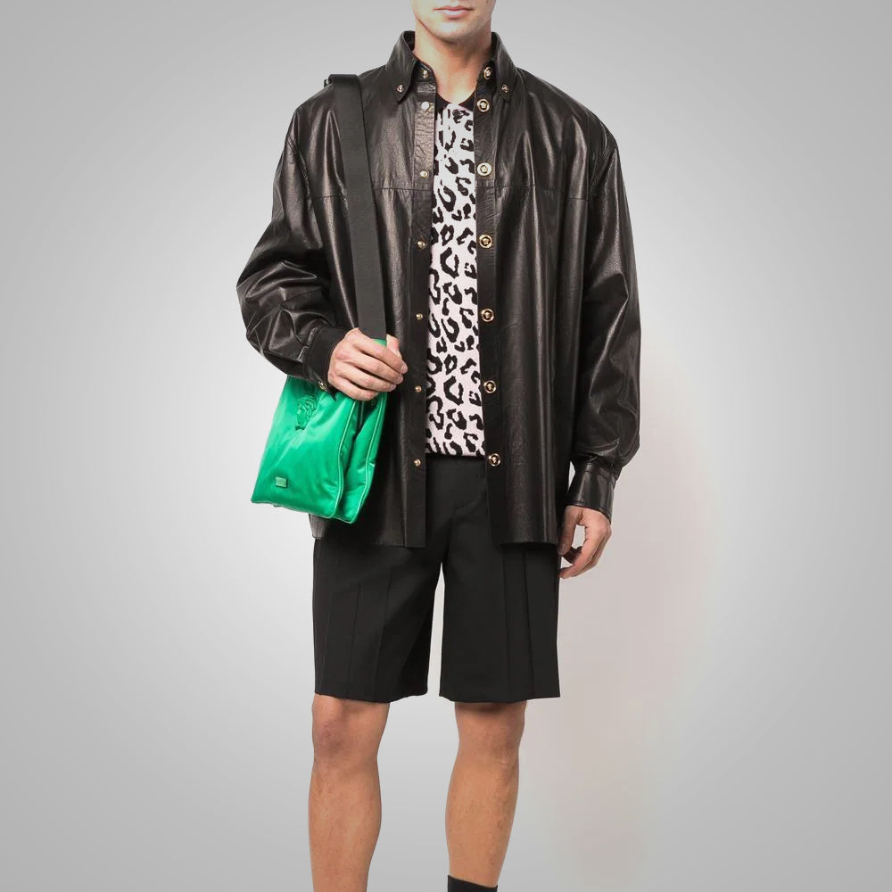 Men’s "Signature Bespoke" Leather Shirt | Custom-Tailored Black Sheepskin | Full-Sleeve Premium Nappa Over-Shirt | Full Grain Apparel