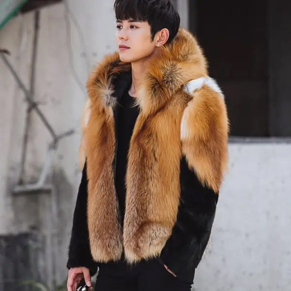 Men’s Custom Grey Mink and Fox Fur Hooded Luxury Golden Jacket | Full Grain Apparel