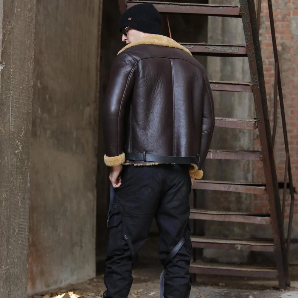 Men’s Dark Brown B-3 Flight Shearling Sheepskin Jacket - The Midnight Mahogany Legend | Full Grain Apparel