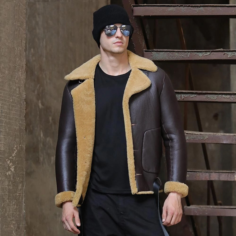 Men’s Dark Brown B-3 Flight Shearling Sheepskin Jacket - The Midnight Mahogany Legend | Full Grain Apparel