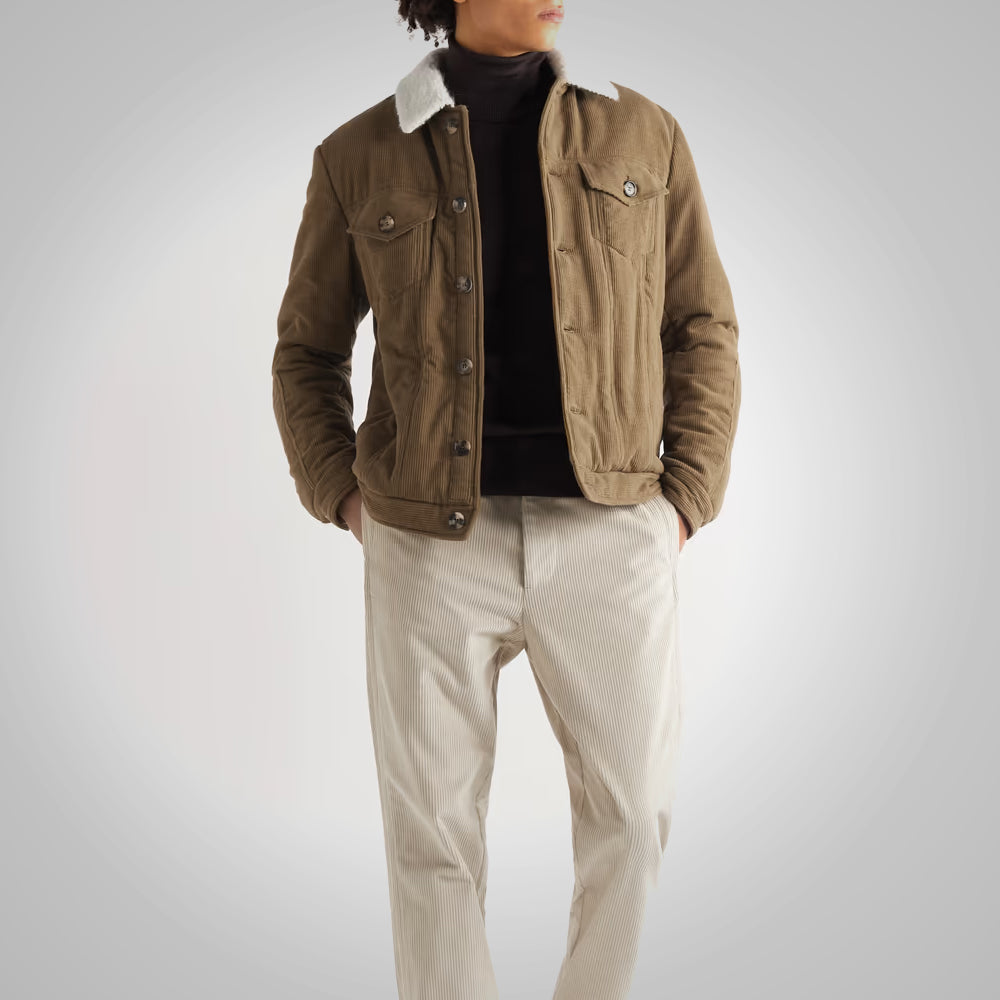 Men’s "Canyon-Thermal" Jacket | Dark Brown Premium Corduroy | Vintage Shearling Collar Winter Coat | Full Grain Apparel