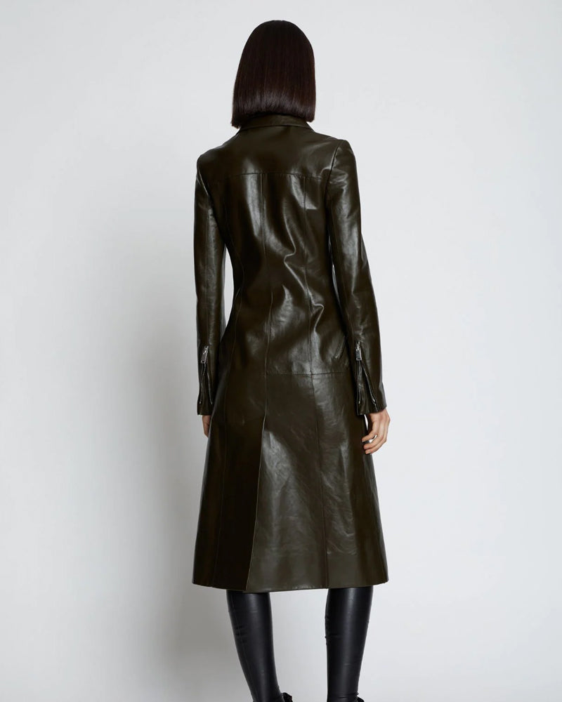 Women’s Dark Green Slim-Fit Leather Long Trench Coat | Full Grain Apparel