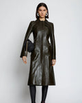 Women’s Dark Green Slim-Fit Leather Long Trench Coat | Full Grain Apparel