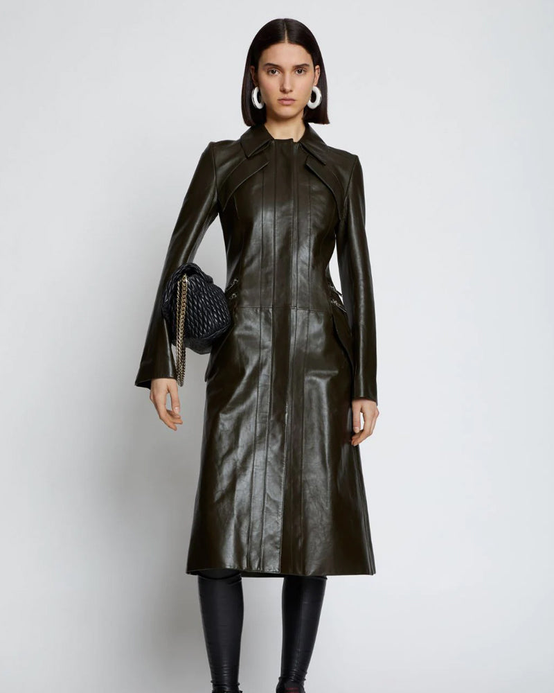 Women’s Dark Green Slim-Fit Leather Long Trench Coat | Full Grain Apparel