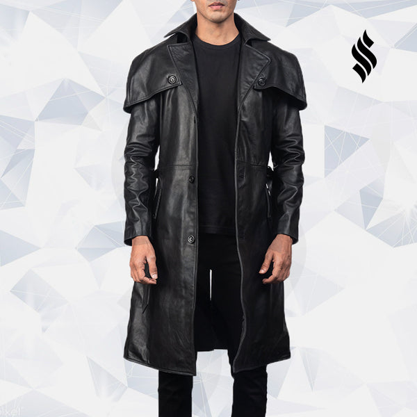 Men’s Deux Black Leather Trench Coat | Rugged Urban Noir | Full Grain Apparel