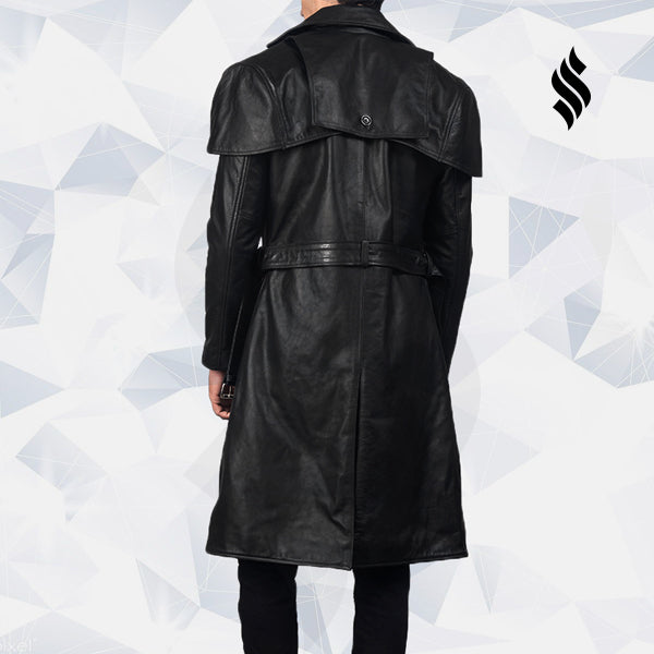 Men’s Deux Black Leather Trench Coat | Rugged Urban Noir | Full Grain Apparel