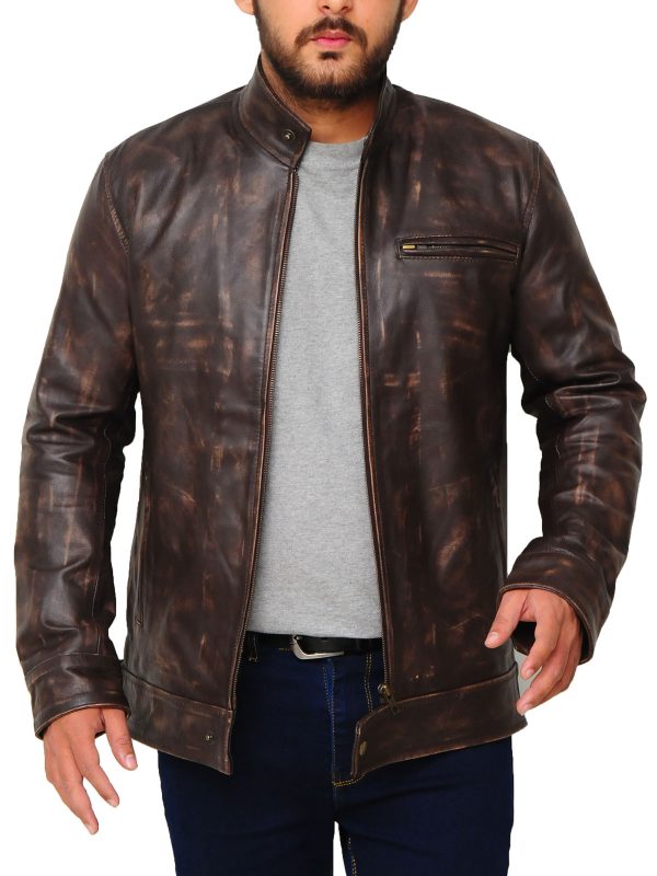 Men’s Distressed Brown Snap-Tab Leather Jacket | Minimalist Vintage Racer | Full Grain Apparel