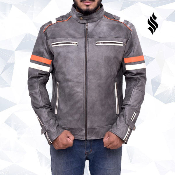 Men’s Fossil Grey Retro Biker Jacket | Vintage Stone Wash | Full Grain Apparel