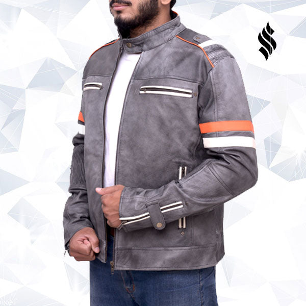Men’s Fossil Grey Retro Biker Jacket | Vintage Stone Wash | Full Grain Apparel
