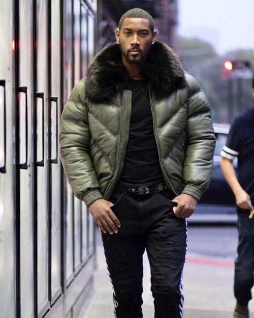 Men's Olive Green Leather V-Bomber | Full Grain Apparel