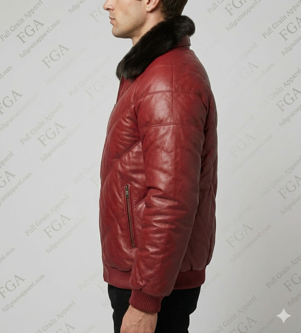 Men's Burgundy Leather Bomber Jacket with Fur Collar | Full Grain Apparel