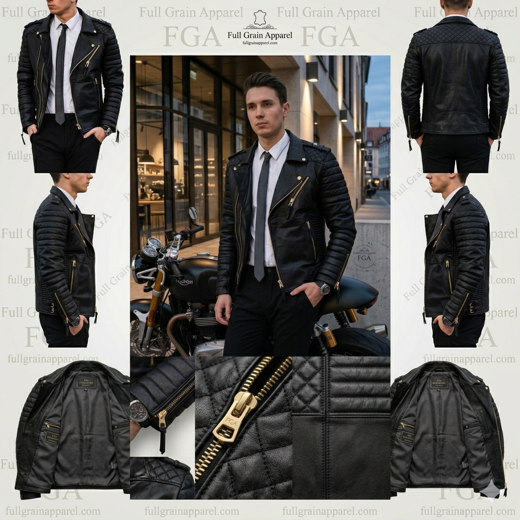 Men's Black Quilted Biker Leather Jacket | Moto Style | Full Grain Apparel