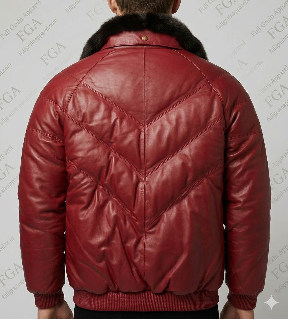 Men's Burgundy Leather Bomber Jacket with Fur Collar | Full Grain Apparel