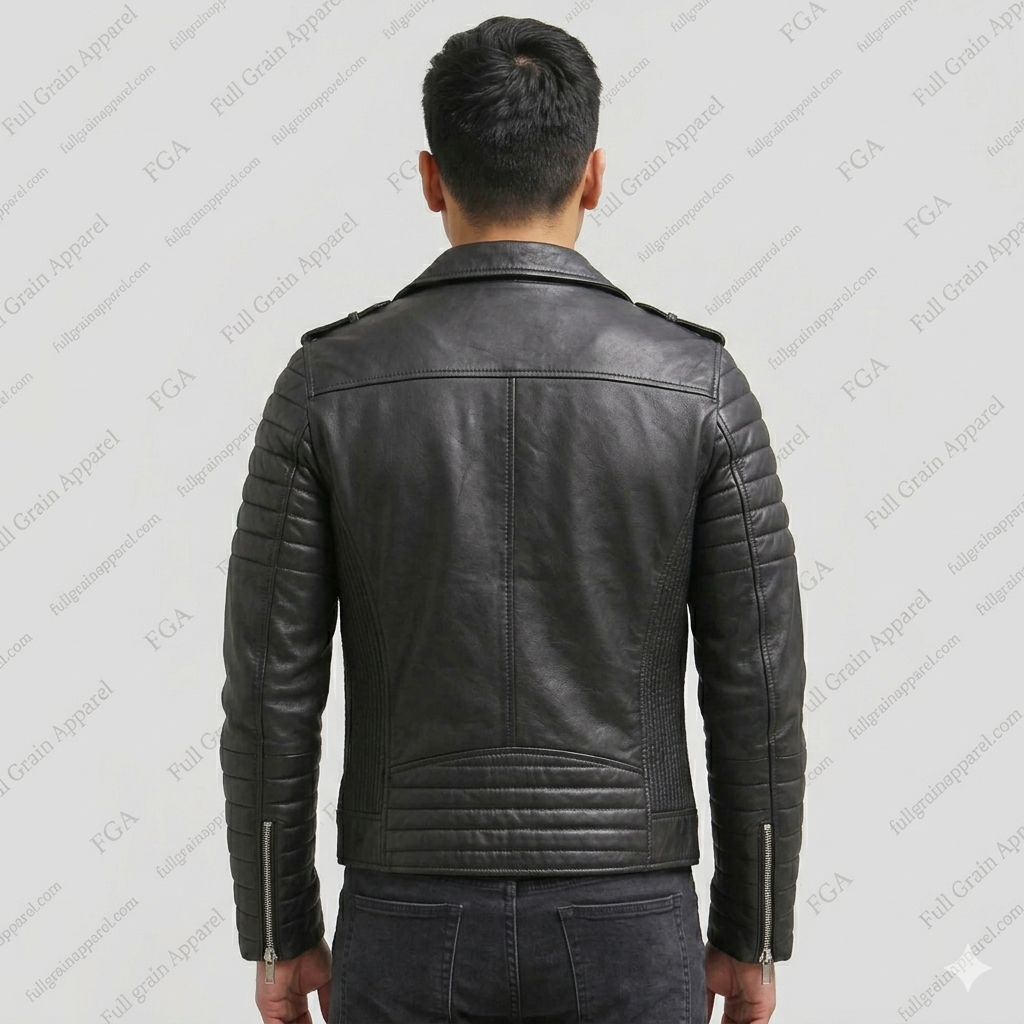 Men's Black Moto Leather Jacket with Quilted Sleeves | Full Grain Apparel
