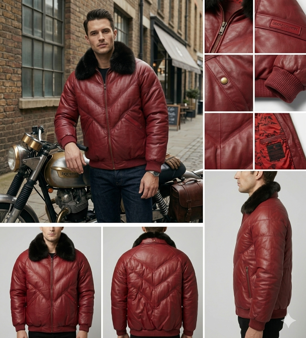 Men's Burgundy Leather Bomber Jacket with Fur Collar | Full Grain Apparel