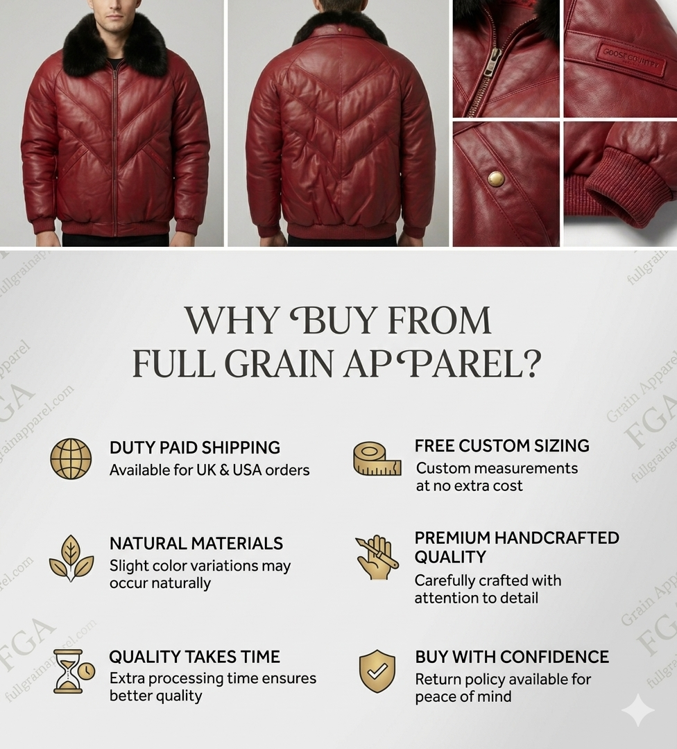 Men's Burgundy Leather Bomber Jacket with Fur Collar | Full Grain Apparel