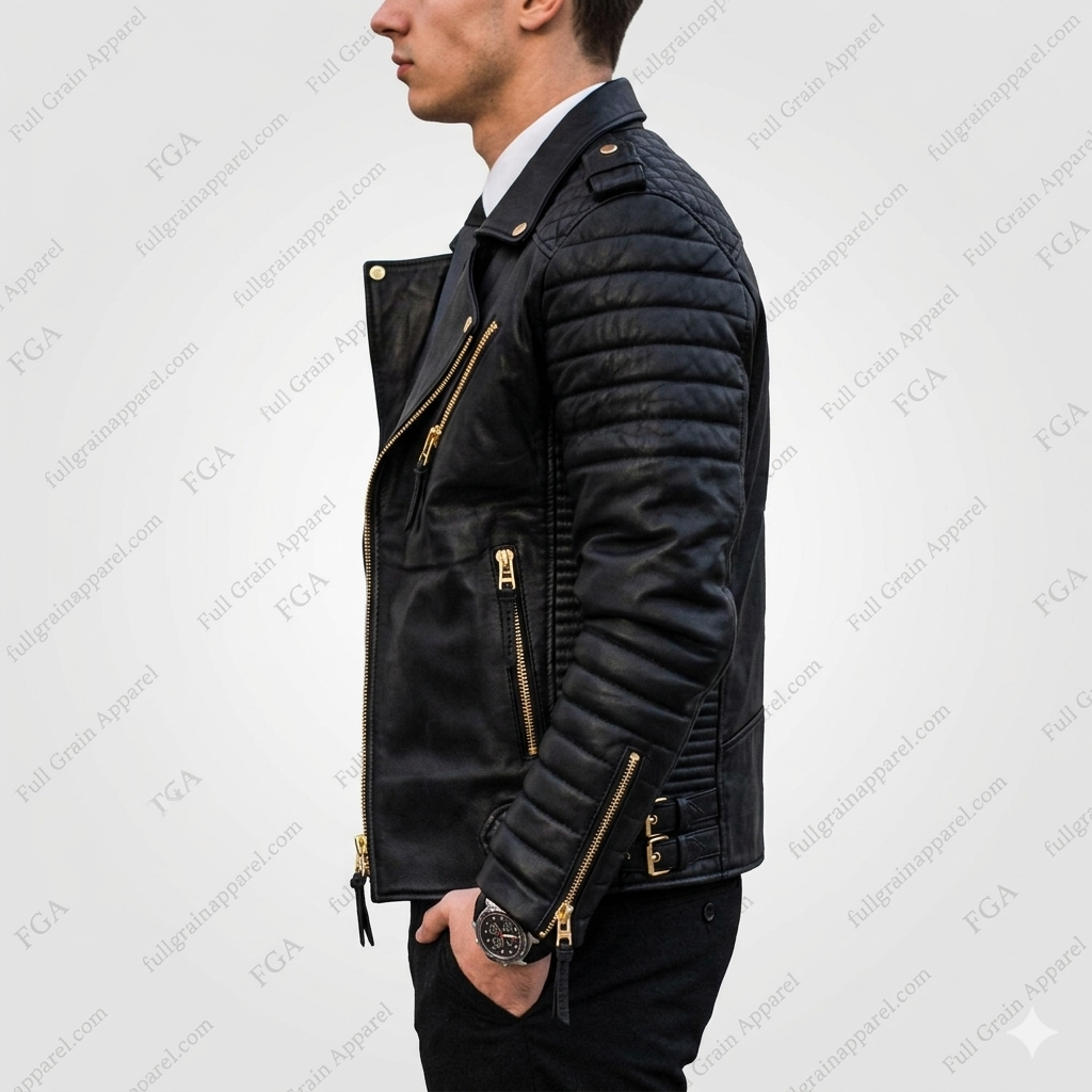Men's Black Quilted Biker Leather Jacket | Moto Style | Full Grain Apparel