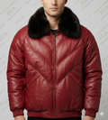 Men's Burgundy Leather Bomber Jacket with Fur Collar | Full Grain Apparel
