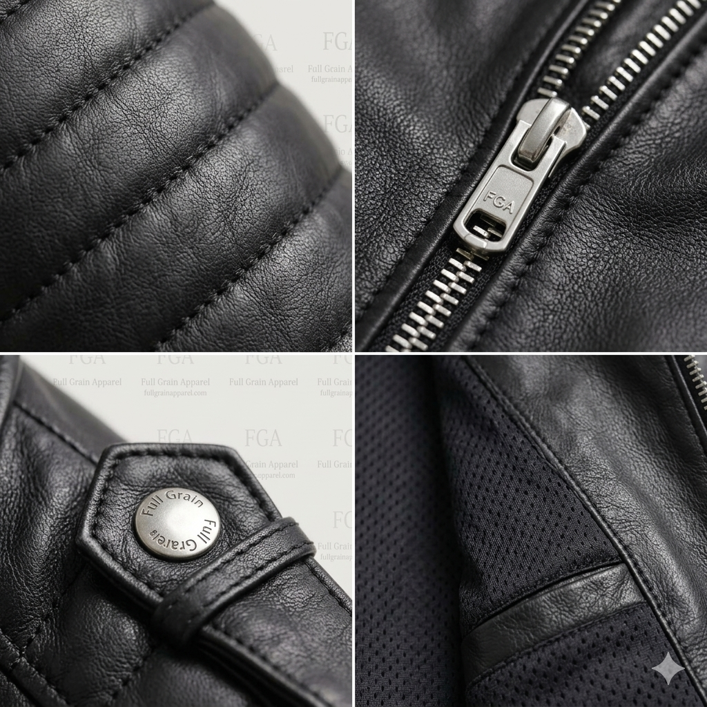 Men's Black Moto Leather Jacket with Quilted Sleeves | Full Grain Apparel