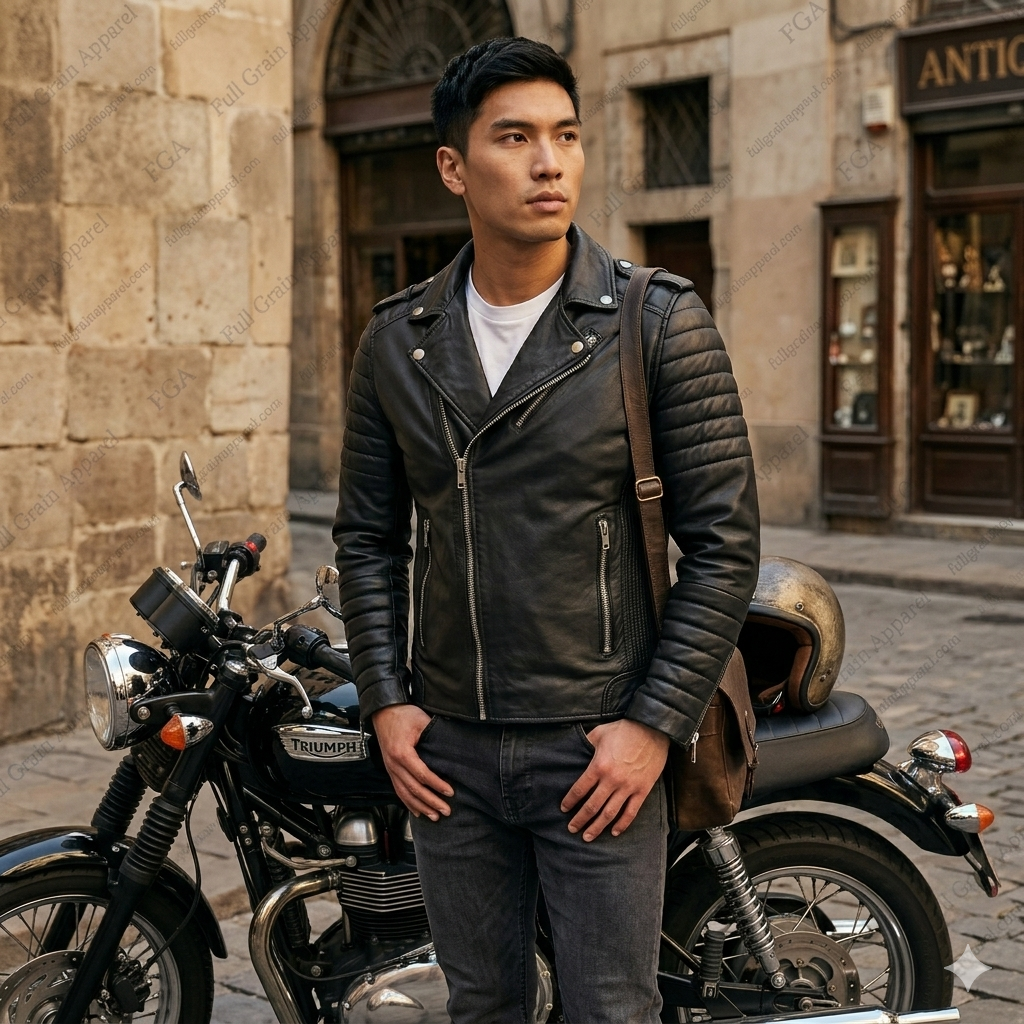 Men's Black Moto Leather Jacket with Quilted Sleeves | Full Grain Apparel