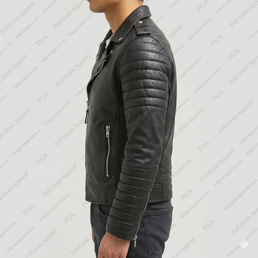 Men's Black Moto Leather Jacket with Quilted Sleeves | Full Grain Apparel