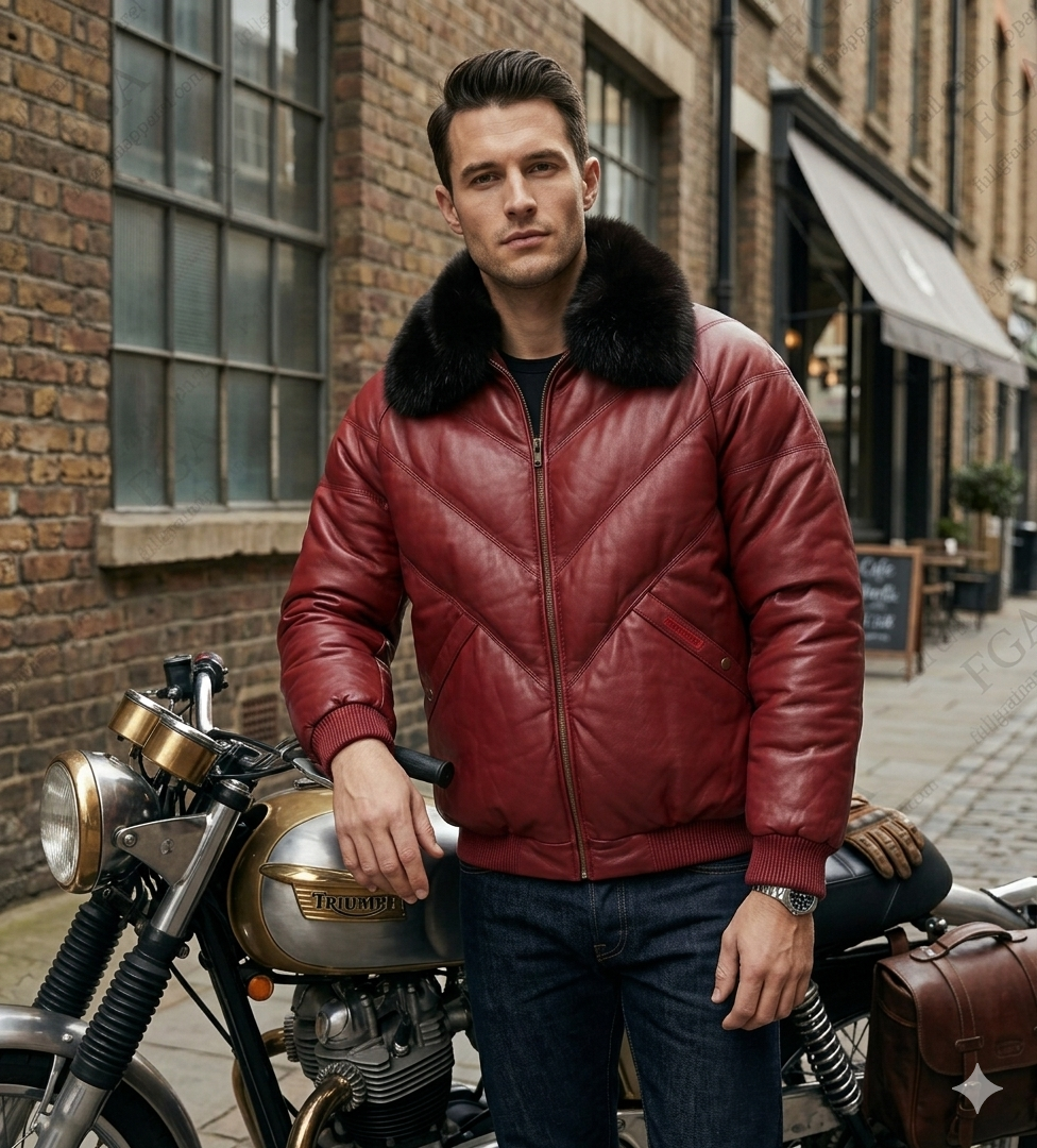 Men's Burgundy Leather Bomber Jacket with Fur Collar | Full Grain Apparel