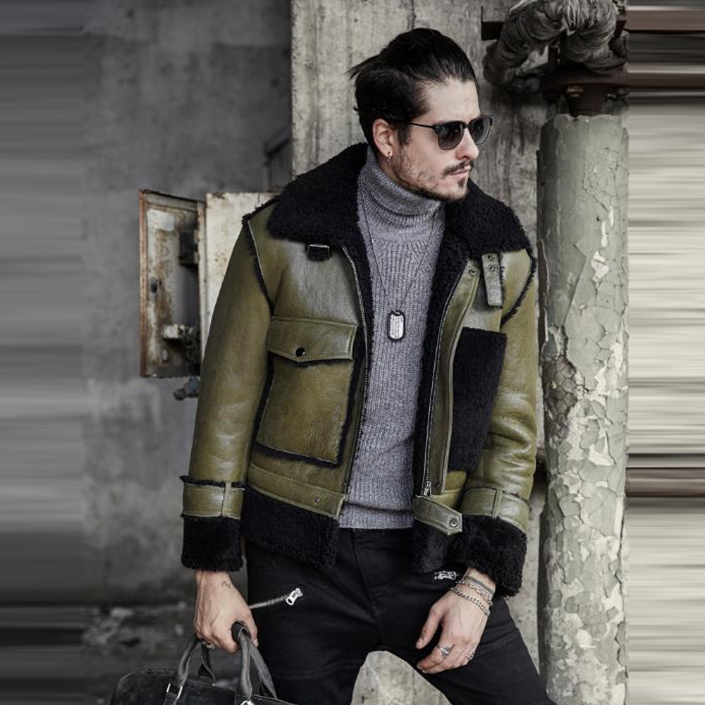 Men’s Forest Green RAF Flying Pilot Sheepskin Shearling Jacket | Rare Heritage Olive Flight Coat | Full Grain Apparel