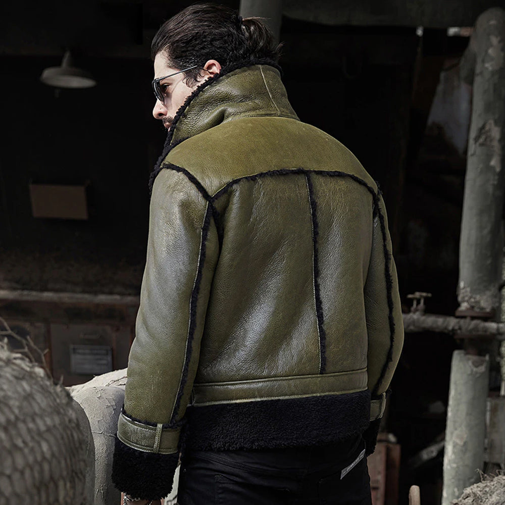 Chaqueta Aviador de Piel de Oveja RAF Verde Bosque para Hombre | Abrigo de Vuelo Heritage Oliva Raro | Prenda de Piel de Grano Completo