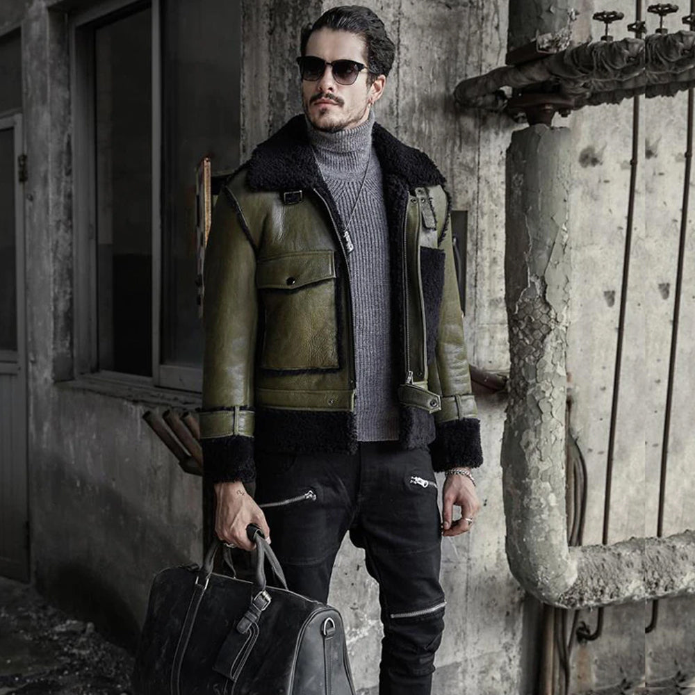 Chaqueta Aviador de Piel de Oveja RAF Verde Bosque para Hombre | Abrigo de Vuelo Heritage Oliva Raro | Prenda de Piel de Grano Completo